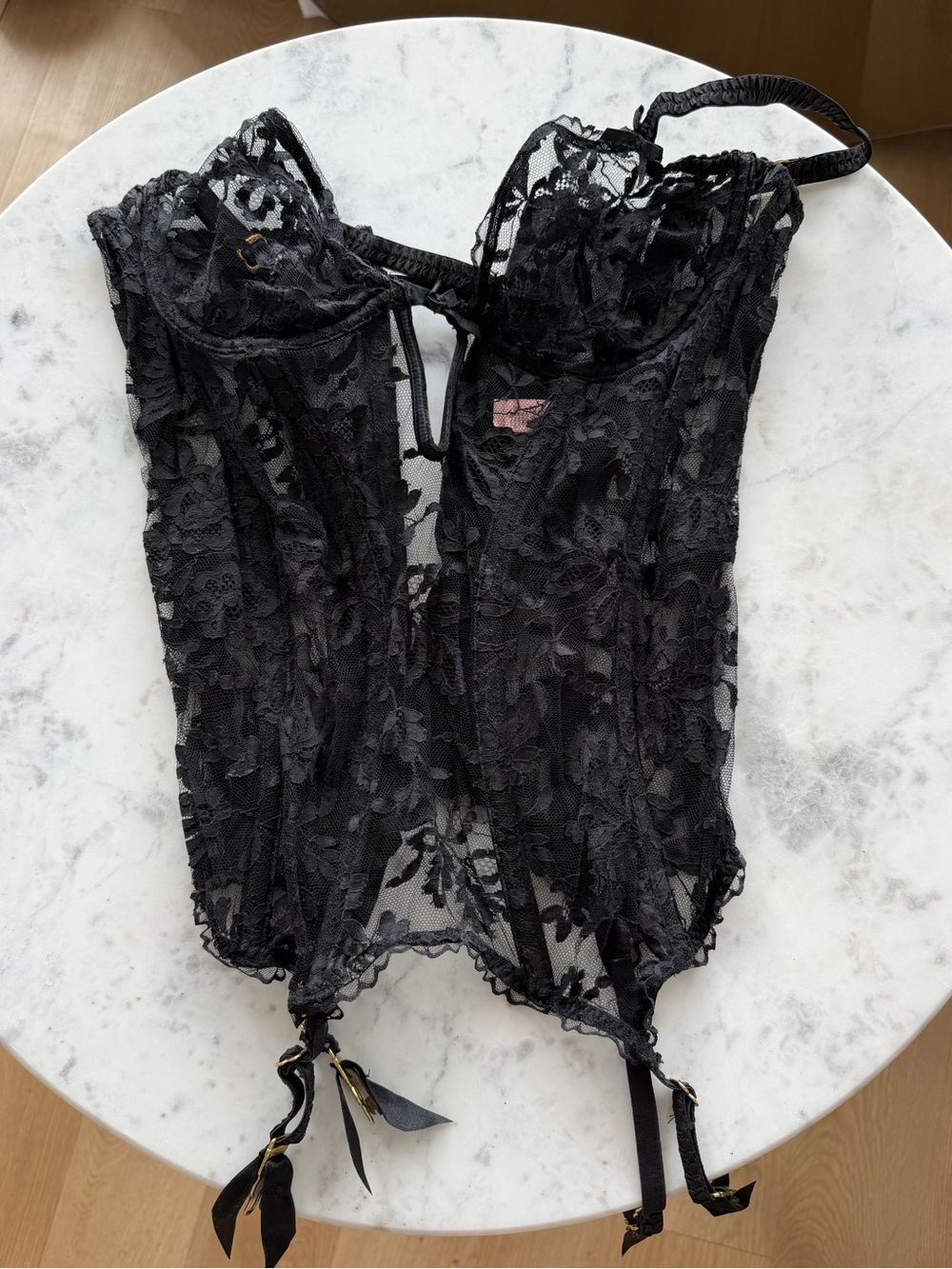 Agent Provocateur Black Sheer Floral Lace Corset with Garter Straps